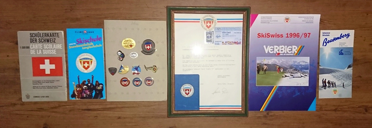 小布施Cafe+ Delight店主の原点。スイスでのスキー教師資格証（ISIA）、スキー学校のバッジ、ヴェルビエやベアテンベルクでの活動の記録（1996-97年）