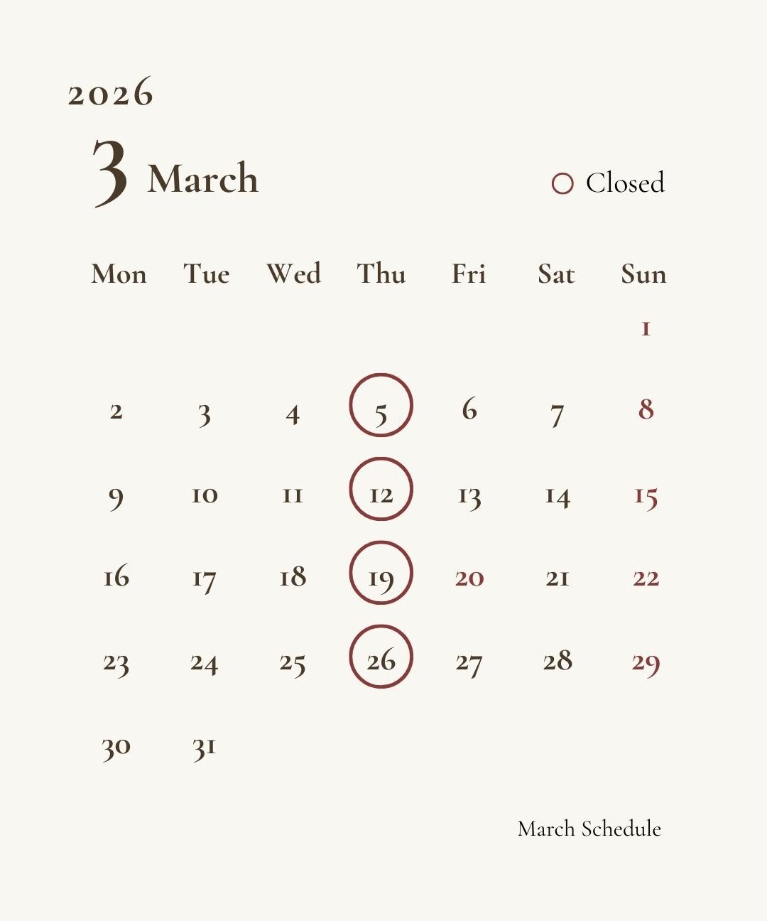 2026年3月の営業カレンダー｜小布施 Cafe+ Delight（カフェプラスディライト）。毎週木曜定休。ランチ・ディナーのご予約はお電話にて承ります。